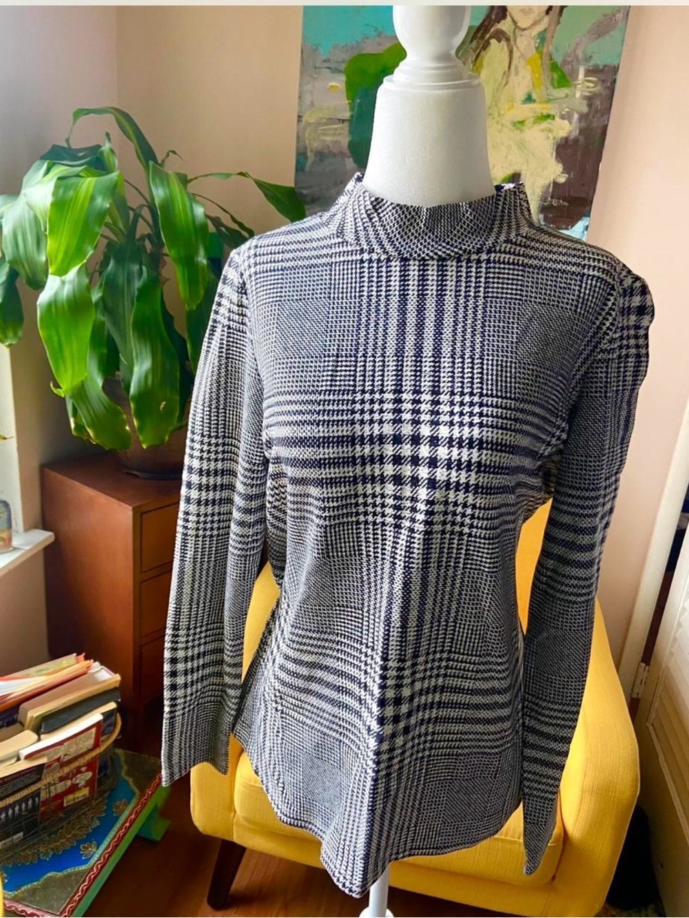J. McLaughlin Black & White Plaid Mock Neck Sweater
